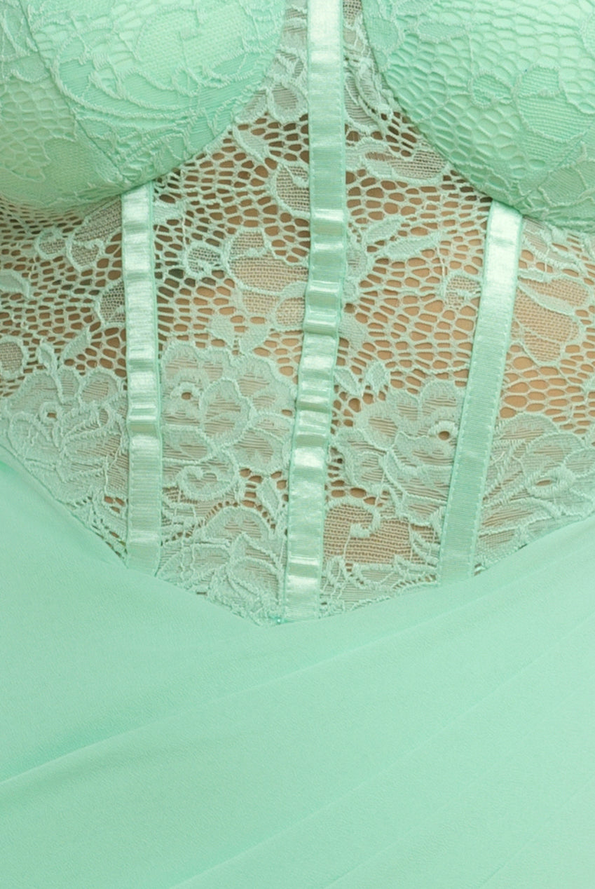 Scalloped Lace & Chiffon Winged Corset Bodice Maxi Dress