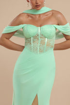 Scalloped Lace & Chiffon Winged Corset Bodice Maxi Dress