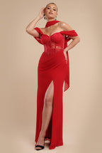 Scalloped Lace & Chiffon Winged Corset Bodice Maxi Dress