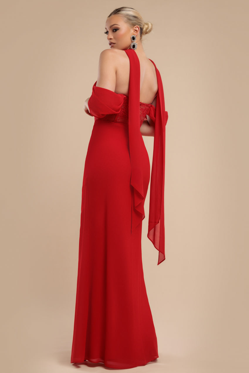 Scalloped Lace & Chiffon Winged Corset Bodice Maxi Dress