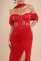 Scalloped Lace & Chiffon Winged Corset Bodice Maxi Dress