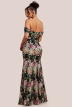 Cowl Neck Floral Print Jacquard Chiffon Maxi Dress