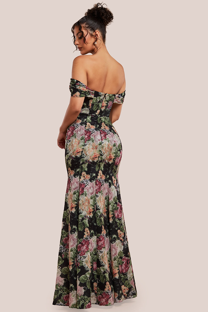 Cowl Neck Floral Print Jacquard Chiffon Maxi Dress