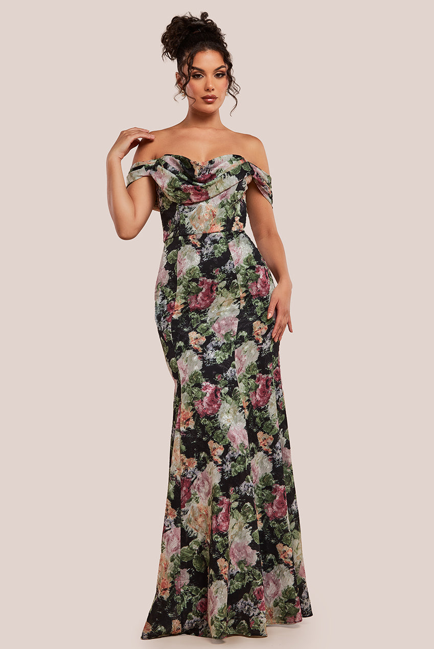 Cowl Neck Floral Print Jacquard Chiffon Maxi Dress