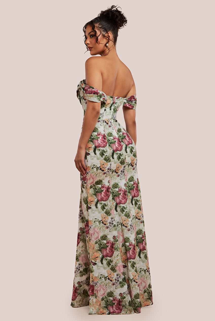 Cowl Neck Floral Print Jacquard Chiffon Maxi Dress