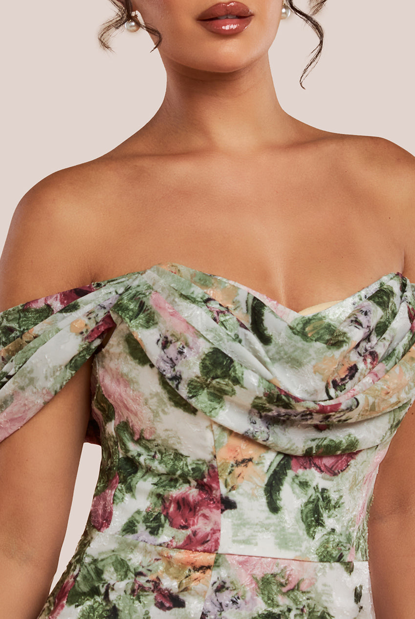 Cowl Neck Floral Print Jacquard Chiffon Maxi Dress