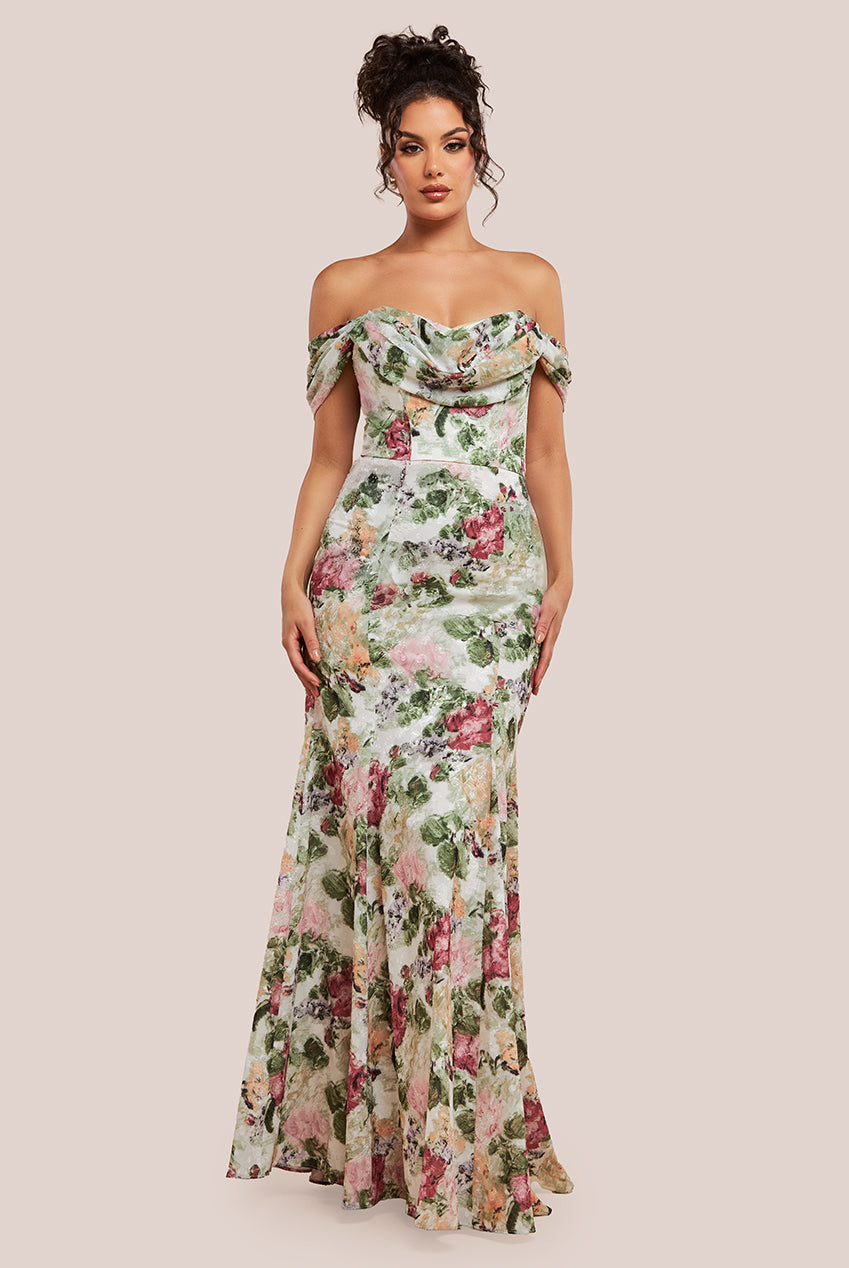 Cowl Neck Floral Print Jacquard Chiffon Maxi Dress