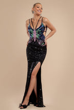 Sequin Butterfly Front Split Maxi Dress