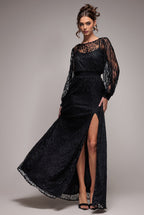 Lace Long Sleeve Shirred Waist Maxi Dress