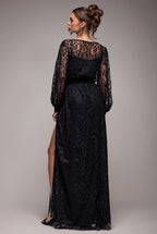 Lace Long Sleeve Shirred Waist Maxi Dress