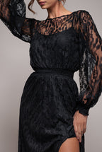 Lace Long Sleeve Shirred Waist Maxi Dress